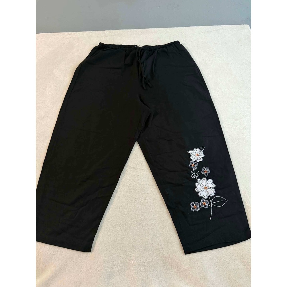 Vtg Cervelle Womens 1X Black Pants Floral Embroidered Cropped Drawstring 31M005